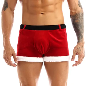 Мужские Рождественские шорты-боксеры Санта-Клауса из красного мягкого бархата с низкой посадкой, необычный Новогодний Рождественский костюм для косплея, нижнее белье, трусики