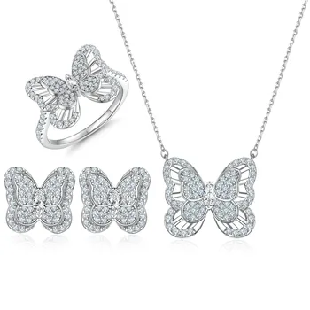 Easterm Взрывной комплект ювелирных изделий из стерлингового серебра из трех частей Серебряное кольцо S925 с ожерельем-бабочкой, серьги с цирконием