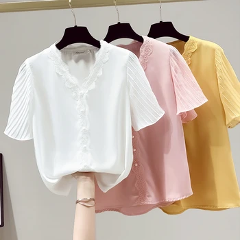 2021 Новые кружевные шифоновые женские рубашки в стиле Ретро С коротким рукавом, свободная модная блузка, Элегантные рубашки в складку, женская летняя одежда, Розовый, белый