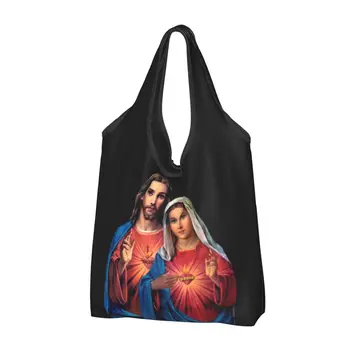 Прочная Большая Многоразовая Продуктовая сумка Hearts Of Jesus And Mary, Предназначенная для вторичной переработки, Складная Эко-сумка для покупок Our Lady, Моющаяся Легкая