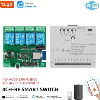 4CH Tuya Smart Switch 220V WIFI Модуль Дистанционного управления USB 5V 12V 24V 85-250 В RF Приемник 10A Smart Relay Включает в себя бесплатную оболочку