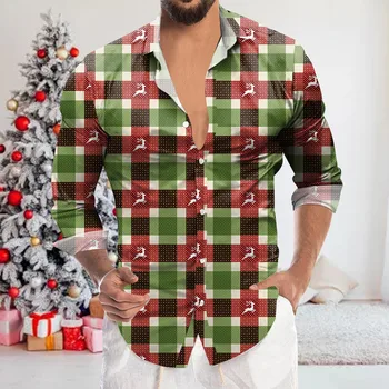 Рождественские рубашки в клетку, мужские топы, футболка с отворотом, футболка Navidad, Мужская тематическая сорочка с длинными рукавами и полным принтом 