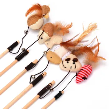 Деревянная ручная игрушка-мышь, перо, птица, плюшевая палочка-дразнилка для кошек, Изделия из шариков, милый дизайн, 12 шт./лот