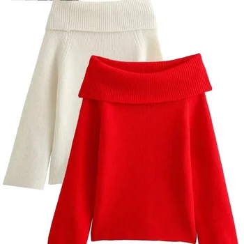 Весна-Осень 2024, Женская Однотонная мода, Вязаный Тонкий Пуловер с вырезом лодочкой и длинным рукавом, Повседневный свитер, Красный, Бежевый