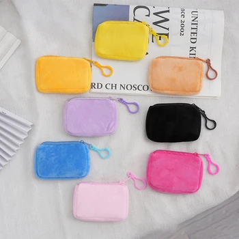 Корейский модный Мини-плюшевый квадратный кошелек на молнии, женская тонкая маленькая сумочка, пакет для карточек, сумка для монет, милый кошелек, ключ, чехол для наушников.