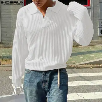 INCERUN Топы 2023, мужские рубашки в корейскую полоску в корейском стиле, повседневные Модные, хит продаж, мужская блузка с V-образным вырезом и длинными рукавами S-5XL