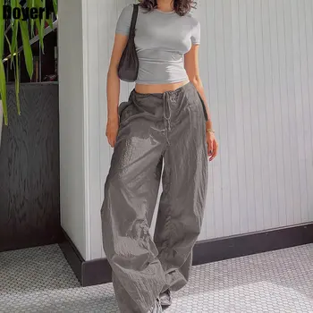 Уличная одежда Y2K, повседневные брюки-карго для женщин, винтажные однотонные брюки с высокой талией и завязками, свободные прямые мешковатые брюки Pantalones