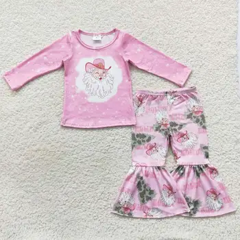 Оптовая продажа, Розовая футболка с длинными рукавами в виде елки для маленьких девочек, Детская одежда, Штаны-колокольчики с принтом Коровы, Одежда для малышей, Рождественский набор Санты для малышей